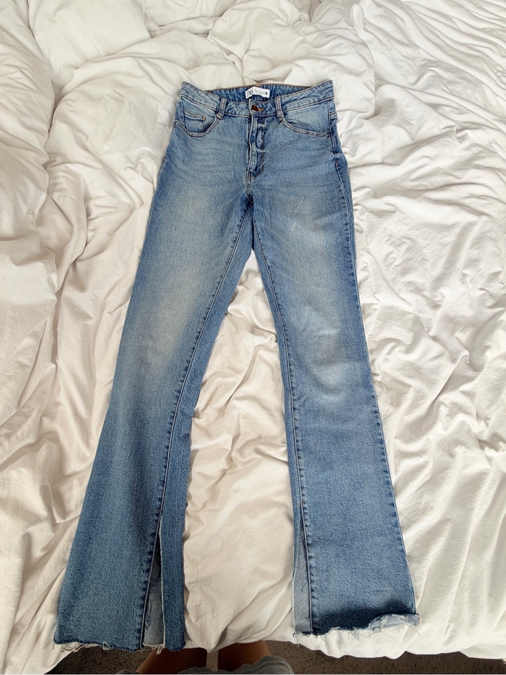 Zara High Rise Flare Jeans Size 6 Raw Hem Side Slit